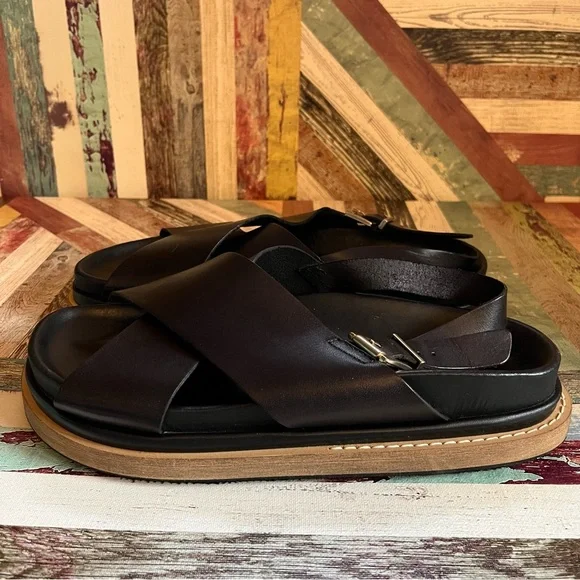 ALOHAS Marshmallow Black Leather Crossover Slingback Sandals - Picture 6 of 9